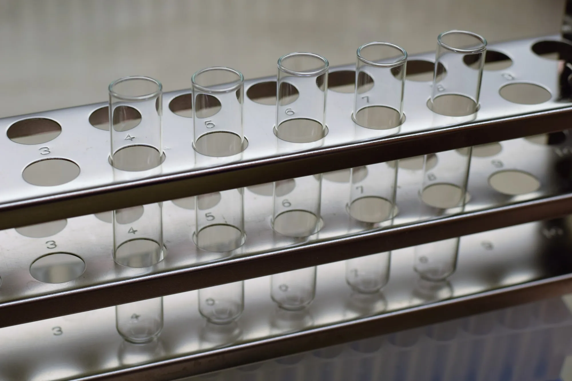 Sample tubes standing in a numbered stainless steel rack